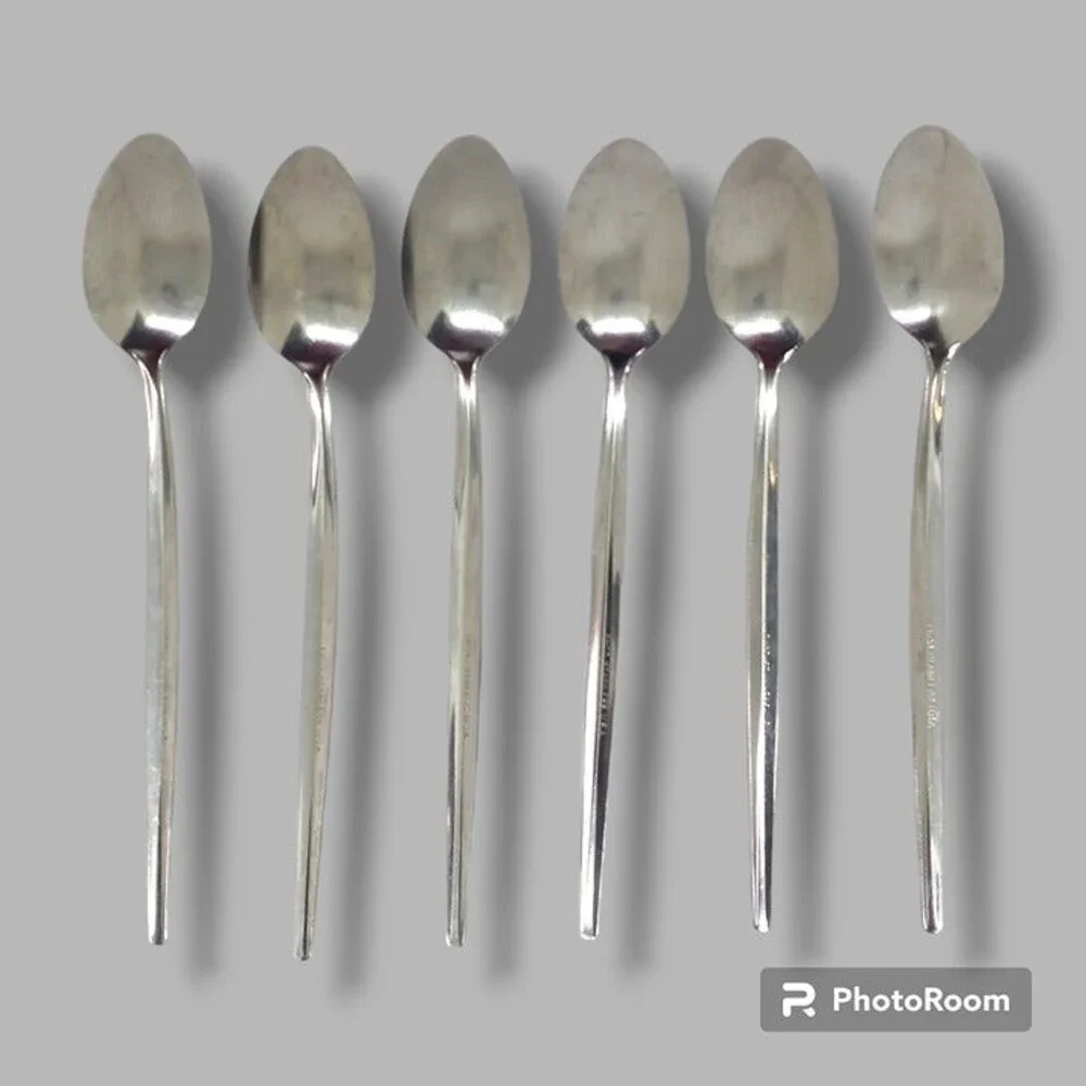 Ekco Stainless Iced Teaspoon-EKS36-Made in USA-MCM-Center Ridge-Minimal-Set of 6